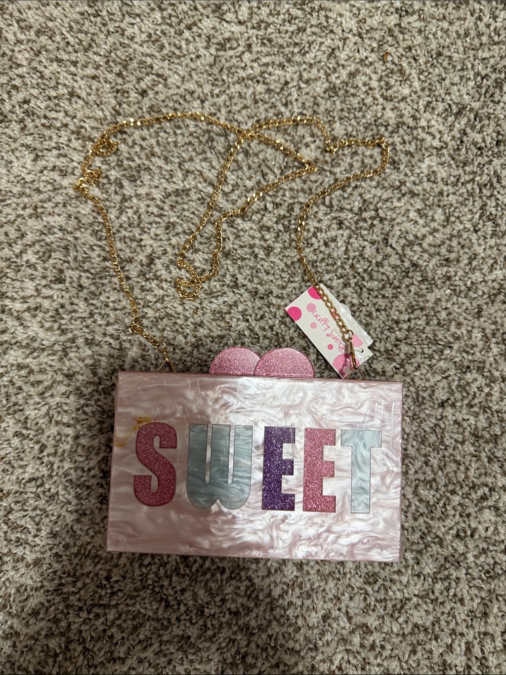 Bari Lynn Pink Acrylic 'SWEET' Box Clutch with Gold Chain Strap
